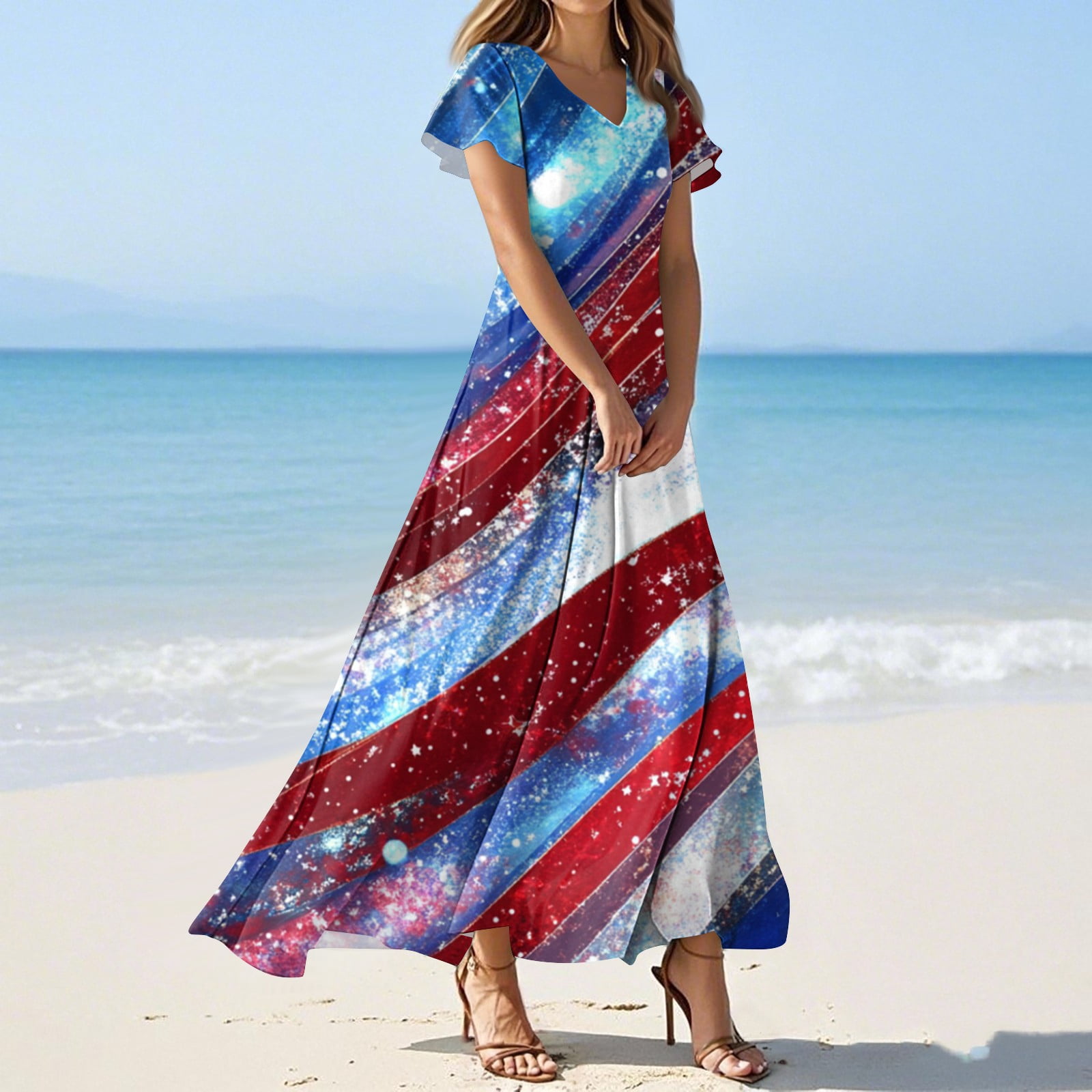 Ovticza Usa Flag Patriotic Dress V Neck Short Sleeve Swing Flowy Midi ...
