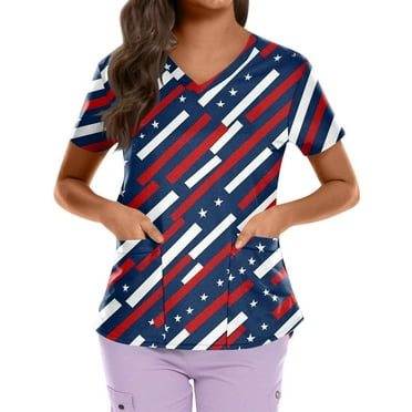Ovticza Usa Proud Scrub Tops V Neck Short Sleeve Pediatric Patriotic Shirt Nurse Working Uniform with Two Pockets Blue XL