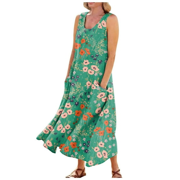 Ovticza Vacation Dresses for Women Plus Size Cotton Linen Sleeveless Womens Long Maxi Dresses Flowy Tank Long Dresses Casual Boho Floral Sundresses for Women Petite with Pockets Green XL