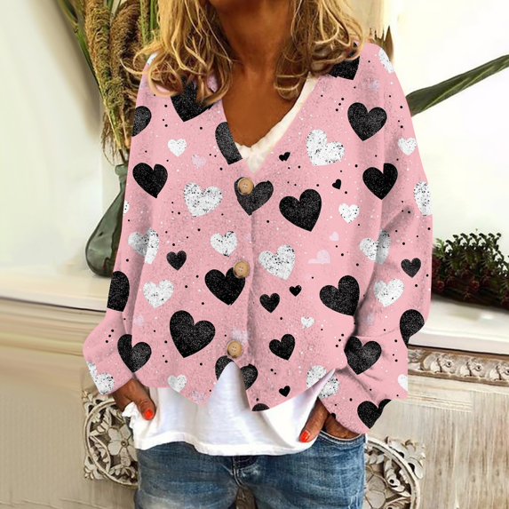 Ovticza Valentines Day Cardigans Long Sleeve Button Down Retro Love Valentine Sweaters Open Front Knit Cardigan Sweater Light pink M