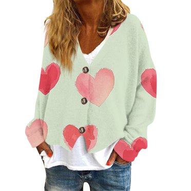 Ovticza Valentines Day Womens Cardigans Long Sleeve Button Up Love Heart Print Valentines Day Gift Sweaters Open Front Knit Jacket Watermelon Red M