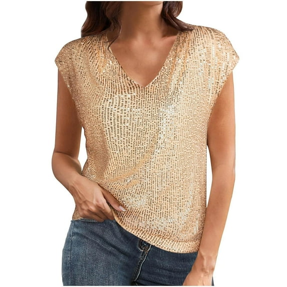 Ovticza Women 2025 Summer Sequin Top V Neck Short Sleeve Ruched Sparkly Glitter Party Blouse Champagne XL