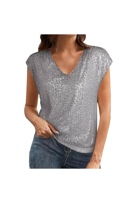Women 2025 Summer Sequin Top V Neck Short Sleeve Ruched Sparkly Glitter Party Blouse Silver S