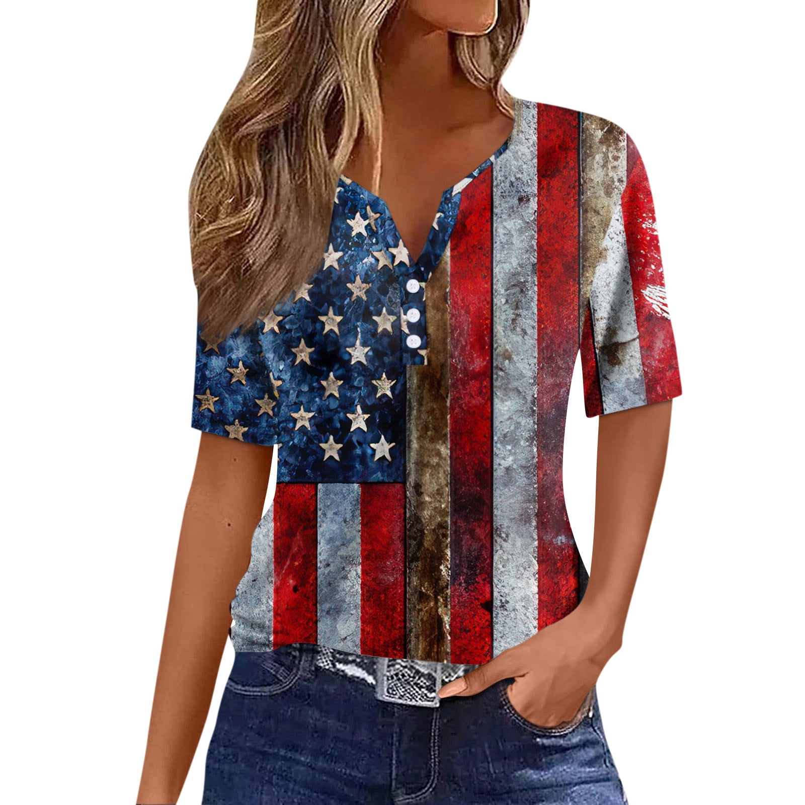 Women's American Flag Bow Tee – Patriotic Short Sleeve Shirt For 4th Of July, Blue - View #5