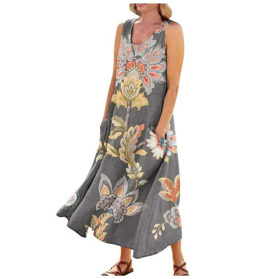 Ovticza Women Sleeveless Dress for Plus Size Boho Flowy Boho Maxi Dress Floral Tank Long Summer Dresses for Women 2023 Casual Cotton Linen Sundresses for Women with Pockets Gray L