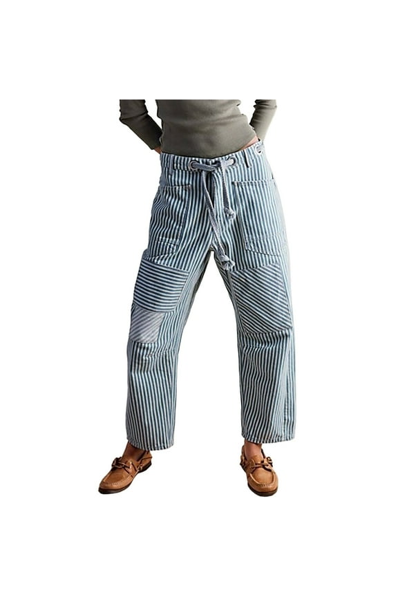 Women Striped Patchwork Jeans Pants Drawstring Barrel Pant Wide Leg Streetwear Y2k Trousers with Pockets Blue M