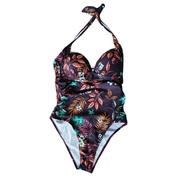 Ovticza Women Tummy Control One Piece Swimsuits Halter Push Up Bathing Suits Brown M
