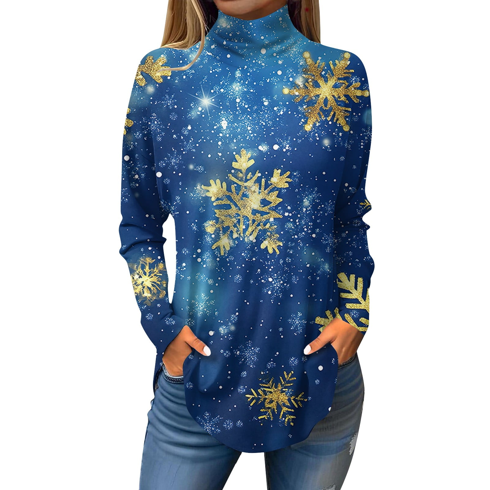 Snowflake Printing High Neck Collar Long Sweaters Snowflake Printing High Neck Collar Long Sweaters