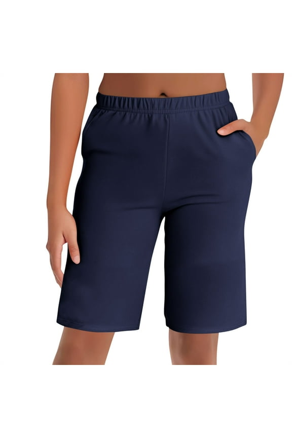Women's Bermuda Shorts 12" Knee Length with Pockets High Waisted Stretch Long Shorts for Women Casual Walking Navy L