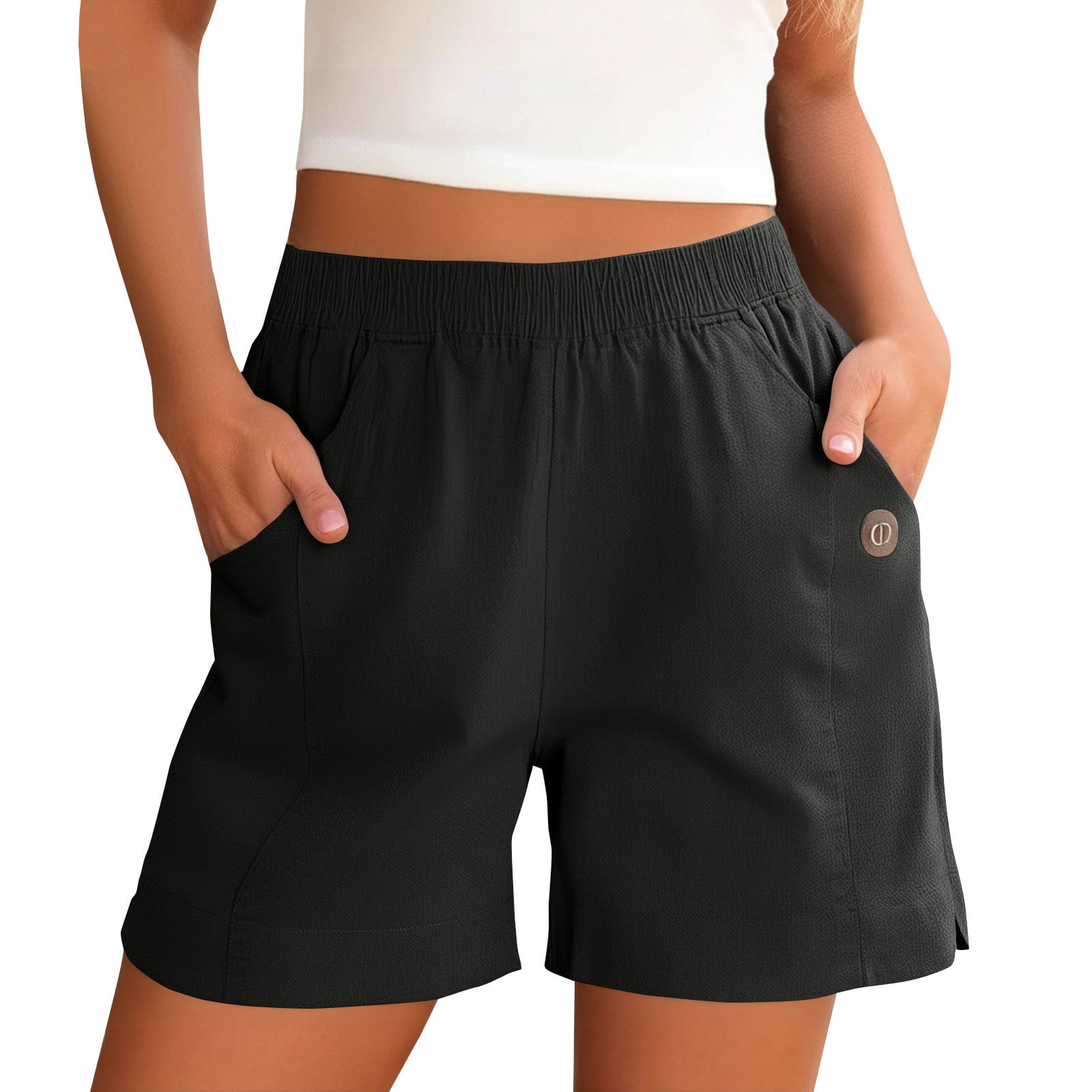 Quenteen Women's High Waisted Athletic Sweat Shorts - Bermuda, Cotton Blend, Drawstring, Side Pockets (Black/Grey/Dark Grey)
