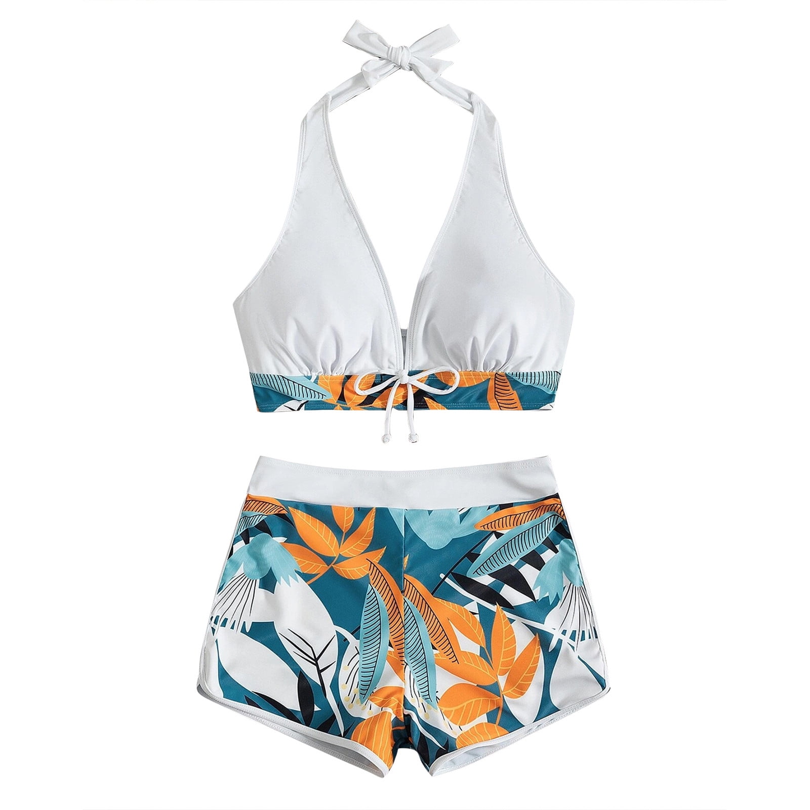 Ovticza Women's Bikini Sets 2 Piece Tropical Print Swimsuit Halter Top & Boy Short Bathing Suit