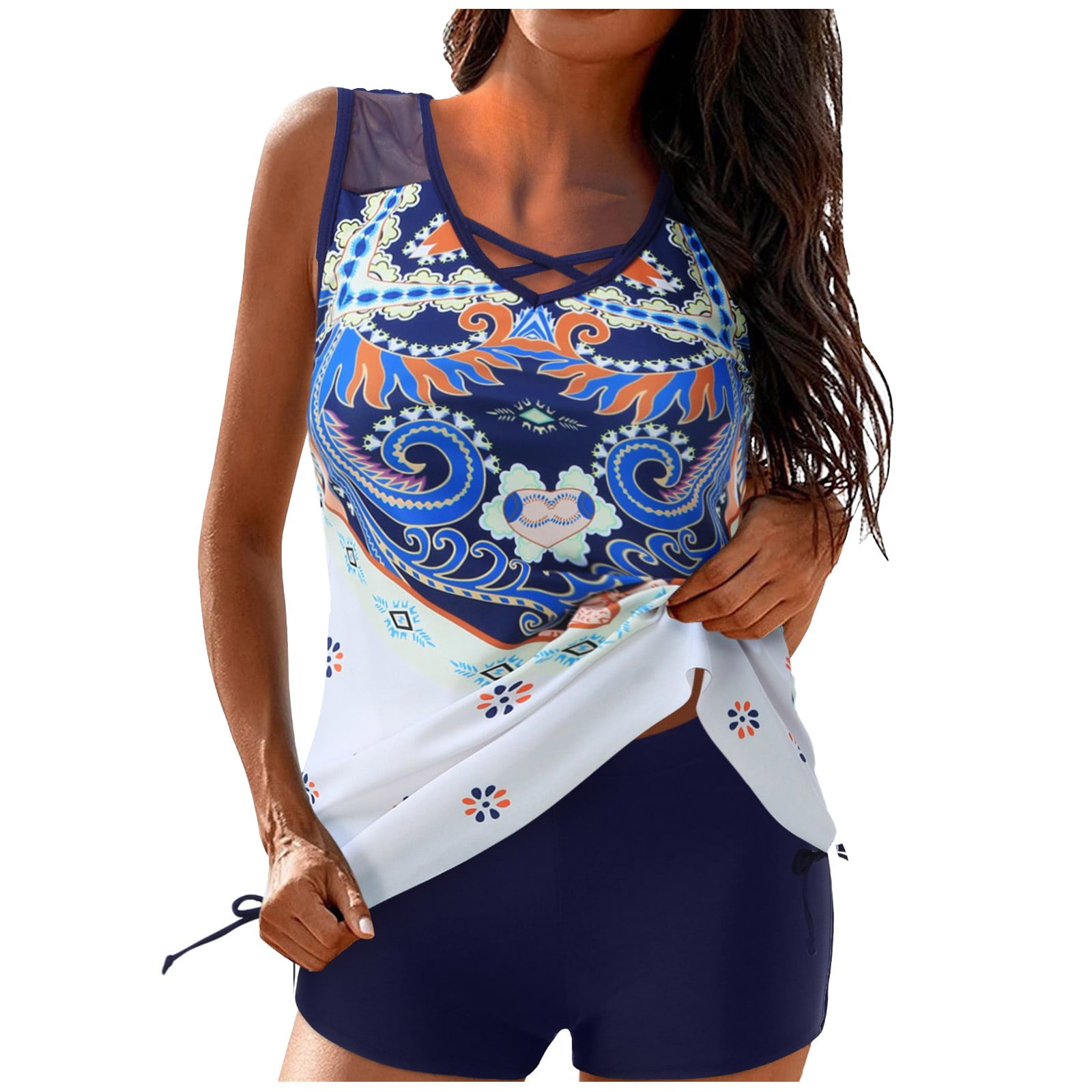 Ovticza Women's Bikini Sets 2 Piece Tropical Print Swimsuit Halter Top & Boy Short Bathing Suit