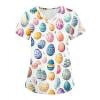 Ovticza Women's Easter Scrub Tops V Neck Short Sleeve Professional Scrub Tops Rabbits Eggs Printed Nursing Uniforms with Two Pockets Blue 5XL