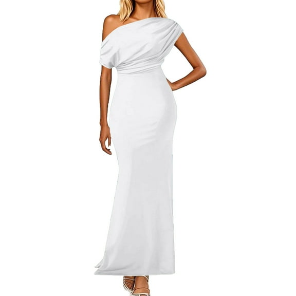 Ovticza Women's Formal Dress Sexy Elegant Short Sleeve Off Shoulder Bodycon Long Evening Party Wedding Guest Dresses White 2XL