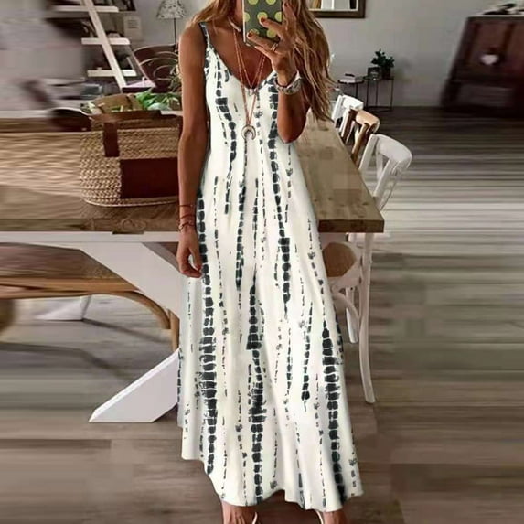 Ovticza Women's Summer Dresses Sleeveless V Neck Long Sleeve Maxi Dress Soft Stripe Spaghetti Strap a Line Long Dresses for Women 2023 Swing Sun Dress Plus Size White L