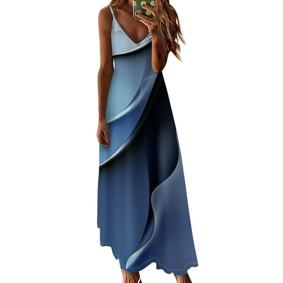 Ovticza Women's Summer Maxi Dress Casual V-Neck Sleeveless Bohemian Spaghetti Strap Floral Long Maxi Dress Royal Blue 4XL
