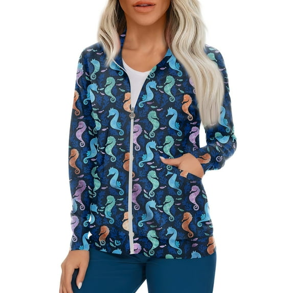 Ovticza Women's Ultra Soft Stretch Zip Up Scrub Jacket Floral Printed Uniforms Warm-up Scrub Jackets with Two Pockets Blue XL