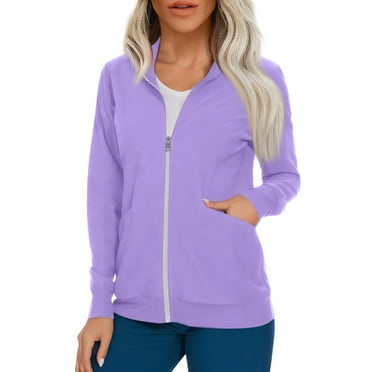 Ovticza Women's Ultra Soft Stretch Zip Up Scrub Jacket Uniforms Warm-up Scrub Jackets for Women with Two Pockets Light Purple L