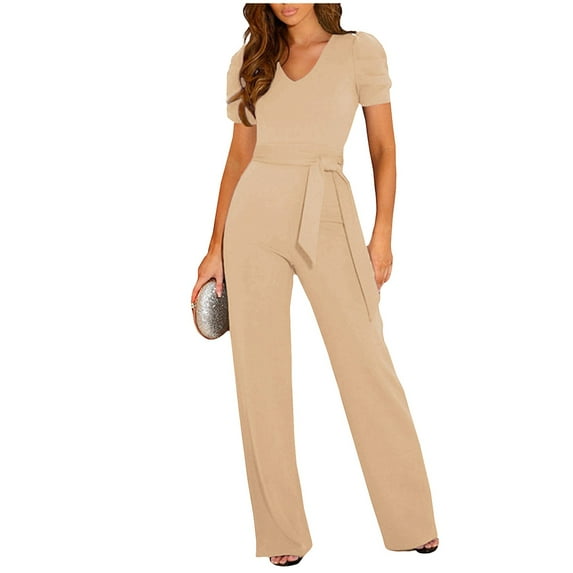 Ovticza Women's Wide Leg Jumpsuit Casual Short Sleeve One Piece Jumpsuits Solid Color Long Pants V Neck Summer Overalls Khaki 3XL