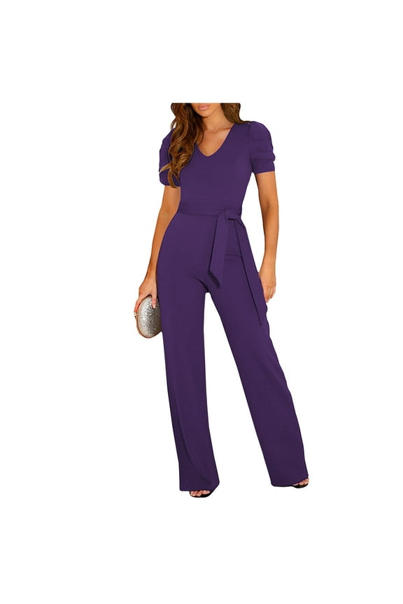 Women's Wide Leg Jumpsuit Casual Short Sleeve One Piece Jumpsuits Solid Color Long Pants V Neck Summer Overalls Purple L