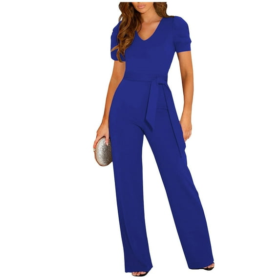 Ovticza Women's Wide Leg Jumpsuit Casual Short Sleeve One Piece Jumpsuits Solid Color Long Pants V Neck Summer Overalls Royal Blue 3XL