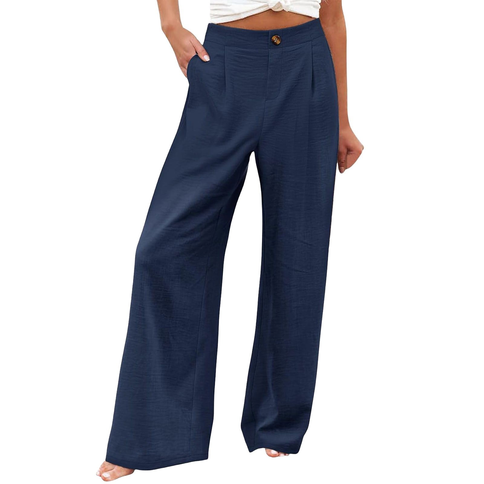 Ovticza Women's Wide Leg Pants High Waist Losse Solid Button