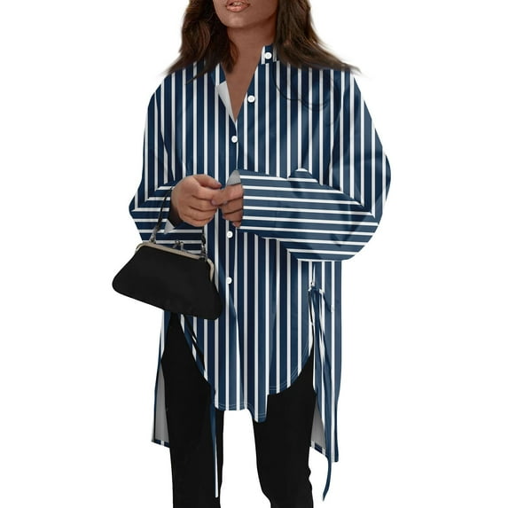 Ovticza Womens Button Down Shirts Casual Long Sleeve Dress Shirt Striped Print Oversized Work Blouse Top Blue S