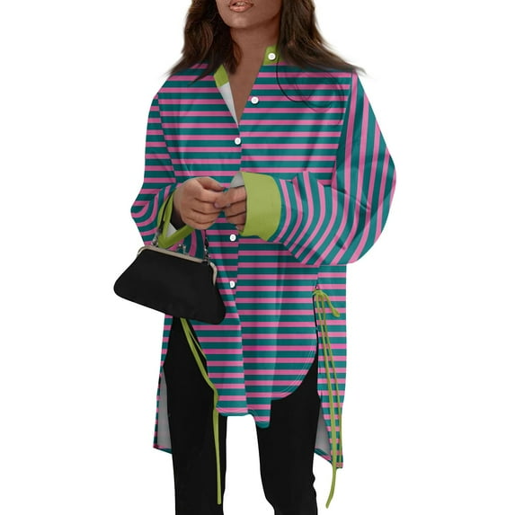 Ovticza Womens Button Down Shirts Casual Long Sleeve Dress Shirt Striped Print Oversized Work Blouse Top Blue XL