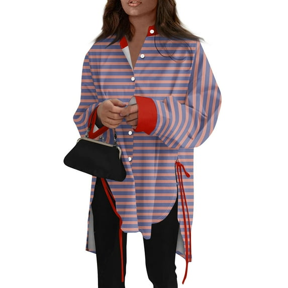 Ovticza Womens Button Down Shirts Casual Long Sleeve Dress Shirt Striped Print Oversized Work Blouse Top Purple Pink 5XL