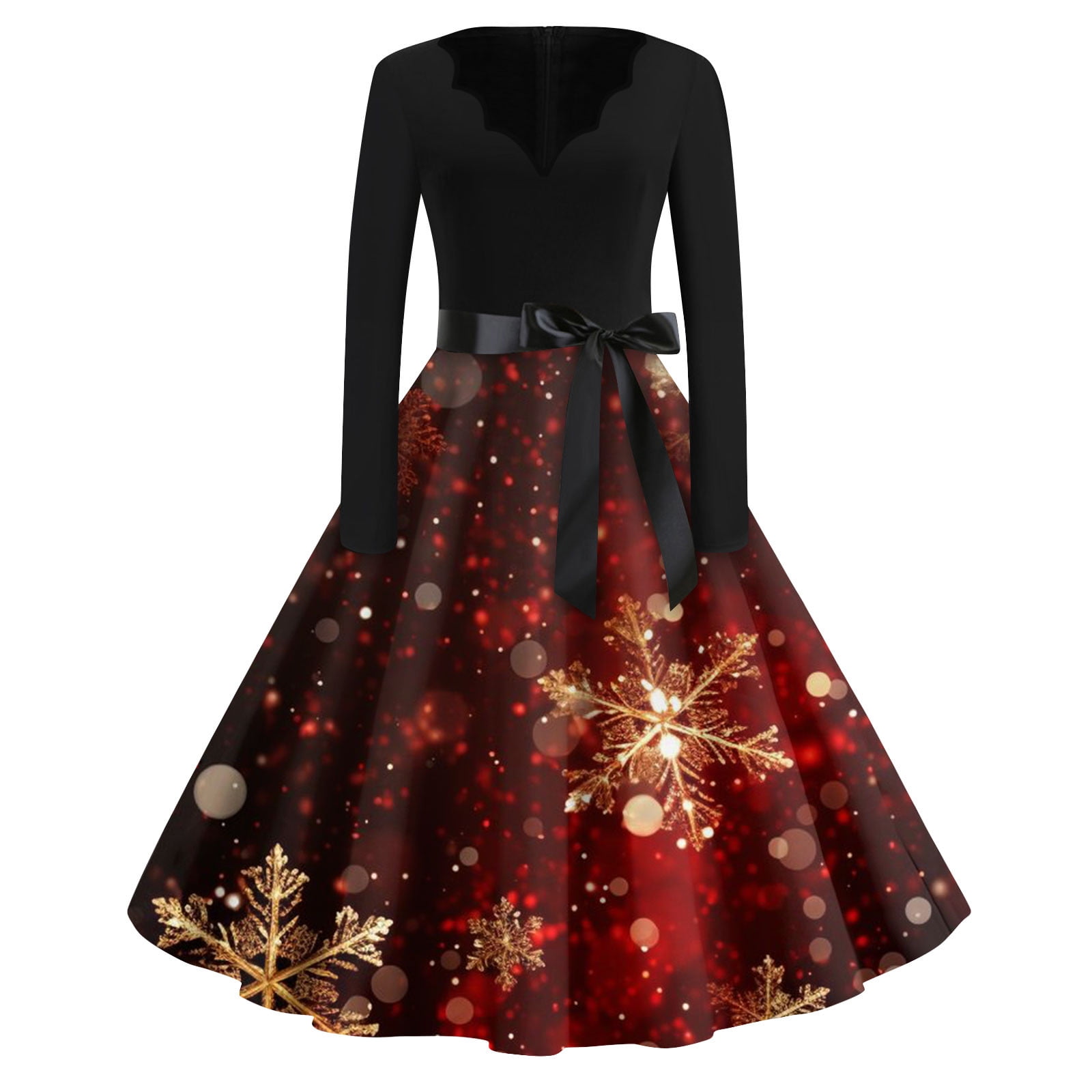 Ovticza Womens Christmas Dress Snowflake Print Long Sleeve V Neck