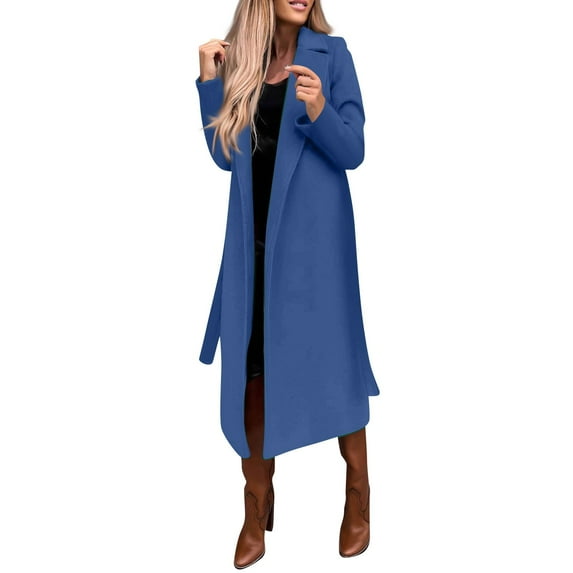 Ovticza Womens Classic Coat Lapel Collar Open Front Belted Long Jacket Blue S