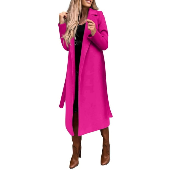 Ovticza Womens Classic Coat Lapel Collar Open Front Belted Long Jacket Hot Pink 2XL