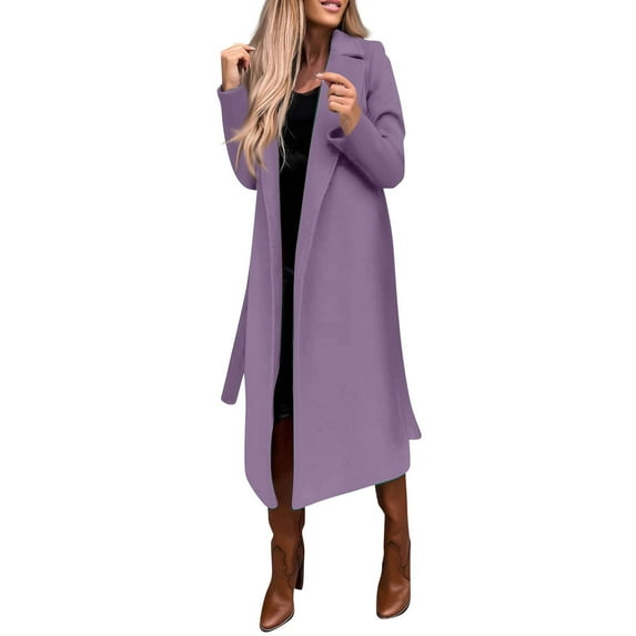 Ovticza Womens Classic Coat Lapel Collar Open Front Belted Long Jacket Light Purple S