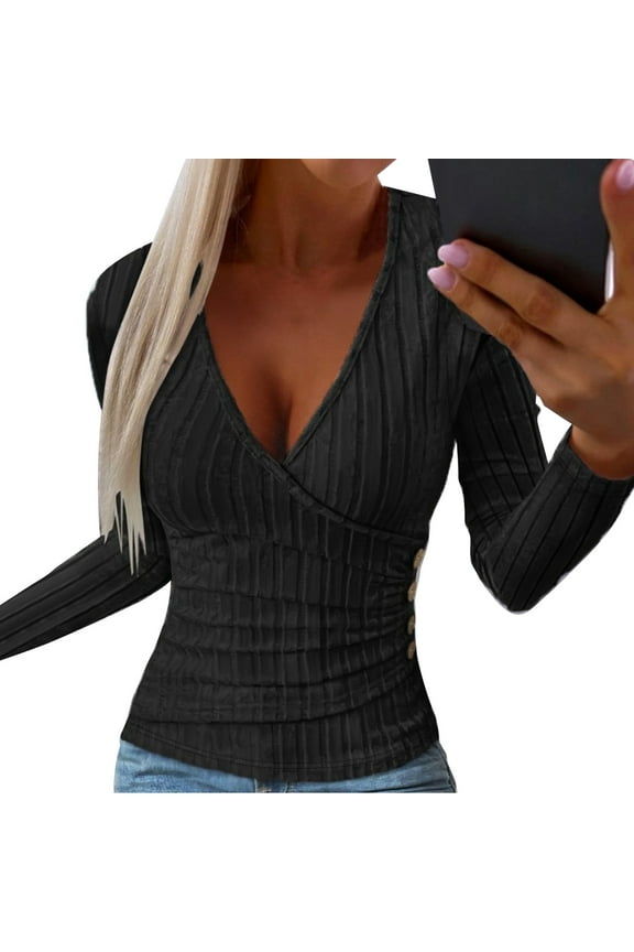 Womens Deep V Neck Sexy Wrap Sweater Long Sleeve Slim-Fitted Knitted Jumper Top Black XL