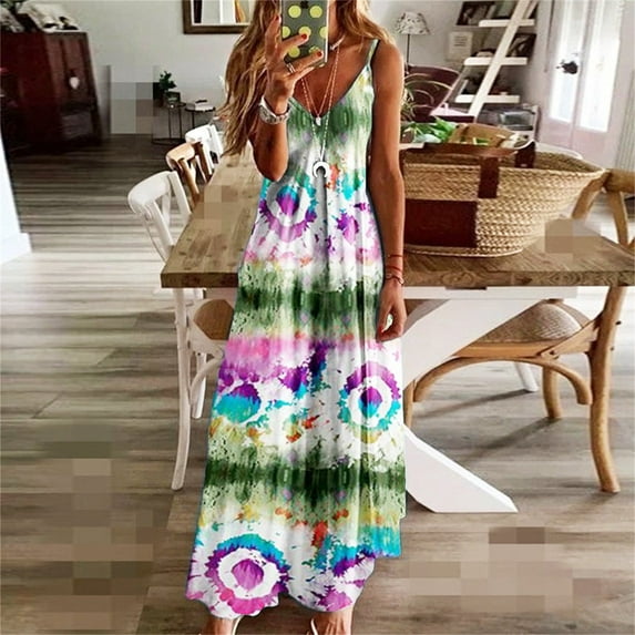 Ovticza Womens Dress Formal Sleeveless Floral Summer Maxi Dresses for Plus Size Women Swing Spaghetti Strap Prom Dresses for Women Long V Neck Sundresses for Plus Size Women Colorful XXL