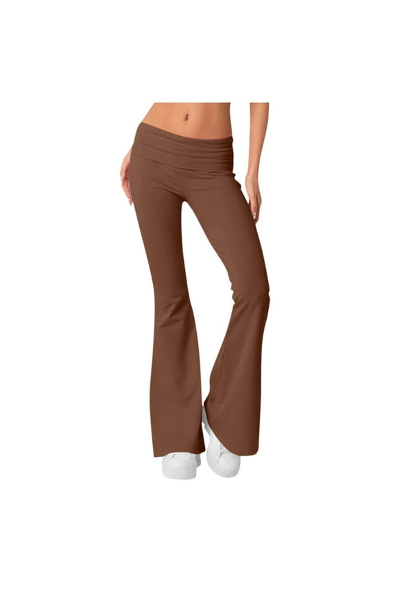Womens Flare Leggings Y2K Low Rise Cotton Leggings Fold Over Yoga Pants Bell Bottom Wide Leg Lounge Pants Trousers Brown XL