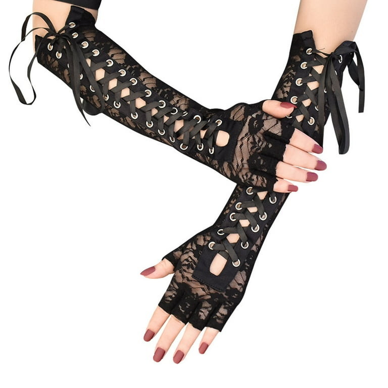 Ovticza Womens Lace Up Half Finger Gloves Cosplay Gothic Arm
