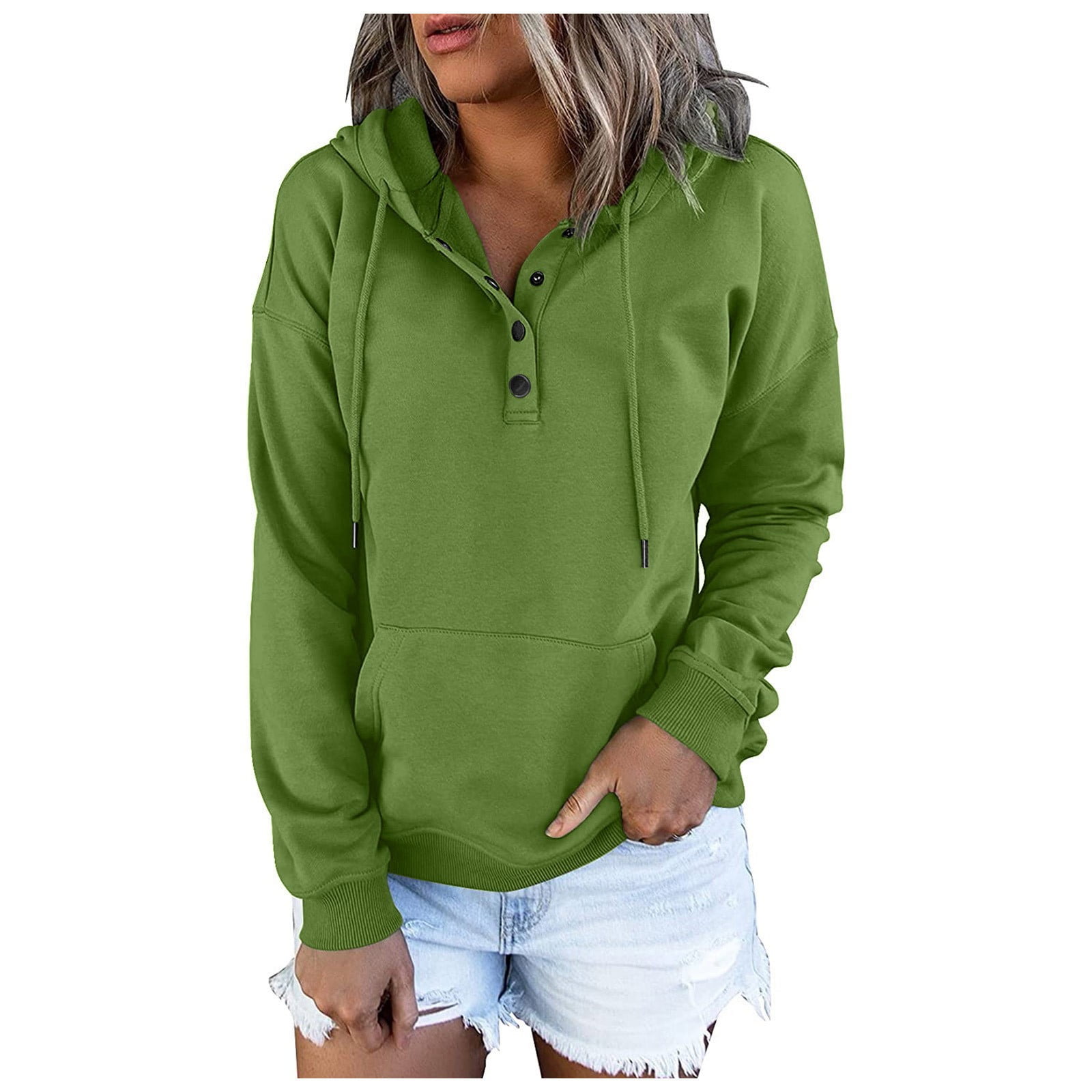 Ovticza Womens Long Hoodie Button Down Hooded Henley Sweatshirts for Teen  Girls Oversized Plain Comfy Pullover Collar Big Pocket Cute Clothes for  Women Light Green S 
