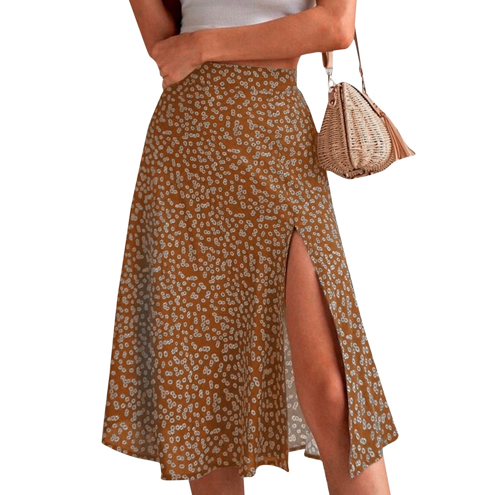 Women's skirt elegant split buttoned rayon print