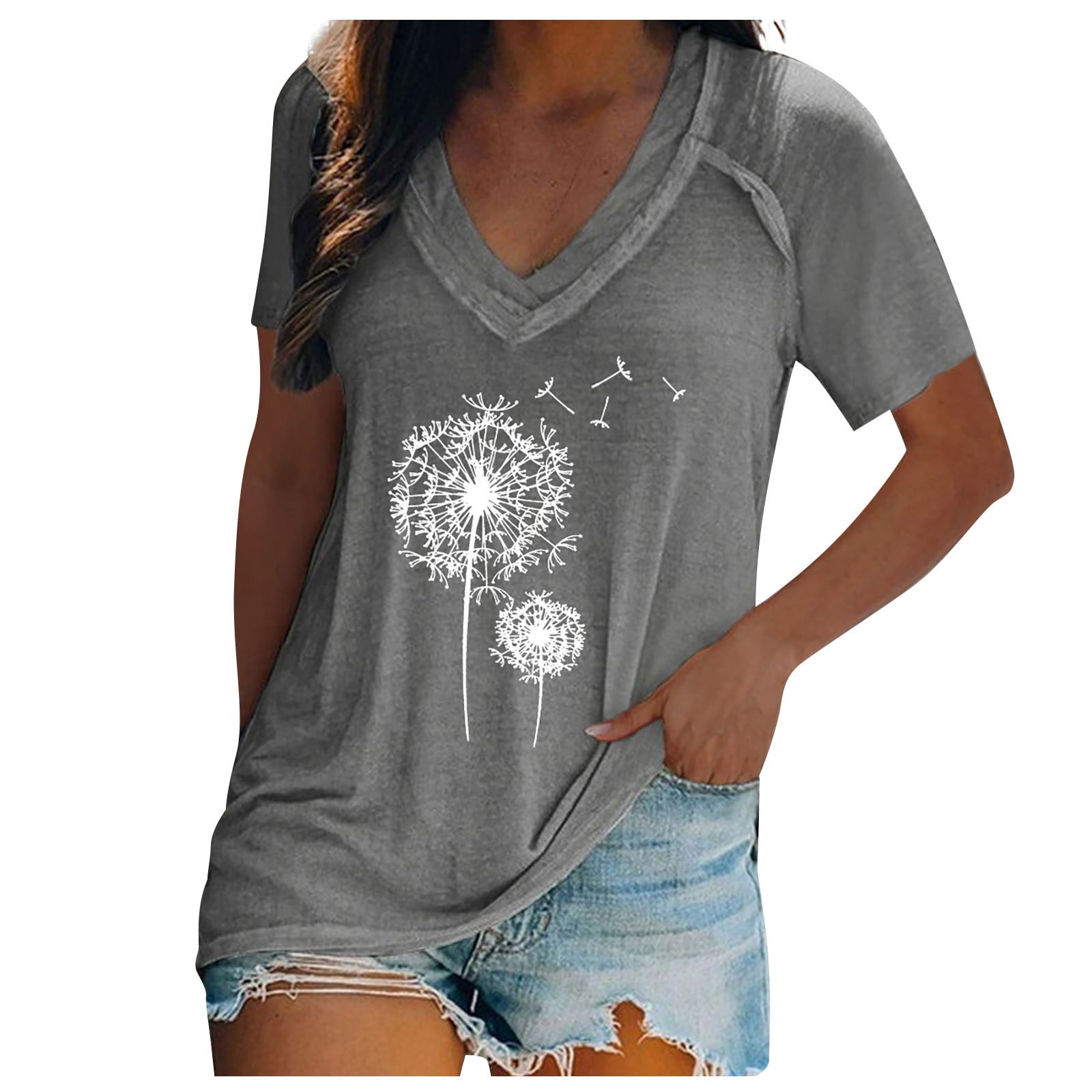 Ovticza Workout Shirts for Women Plus Size V Neck Flowy Casual Summer Tops  Short Sleeve Dandelion Print Shirts Trendy Summer Dressy Blouses Pants Gray  3XL 
