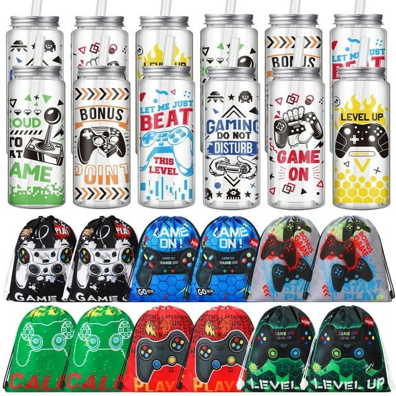Ovveroche 24 Video Game Party Favors, 12 Video Game Plastic Cups with Lids and Straws,12 Gamer Party Drawstring Bags, Reusable Cups Plastic Tumbler Gaming Goodie Bag for Birthdays Supplies Y114
