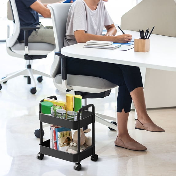 Ovzne 2 Tier Rolling Cart, Small Utility Cart with Lockable Wheels, Foldable Craft Cart, 2 Shelf Folding Storage Trolley for Living Room, Kitchen, Bathroom, Bedroom and Office,Black