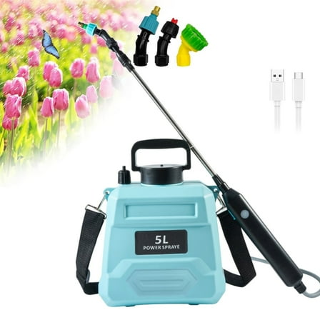 Ovzne 5L Battery Powered Garden Sprayer, USB Rechargeable Handle Sprayer with 23.6-Inch Telescopic Wand, Portable One-Shoulder Design with 3 Replaceable Nozzle