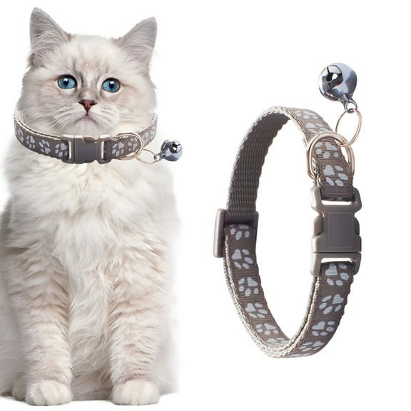 Ovzne Adjustable Cat Collar - Paw Print Design With Bell, Safety Breakaway Clasp Reflective Strip