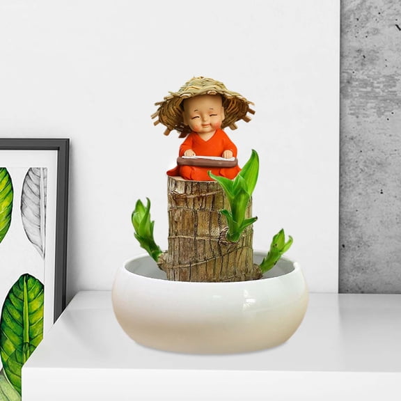 Ovzne Aquatic Wood Green Mini Monk Statue – Zen-Inspired Desk Shelf Decor