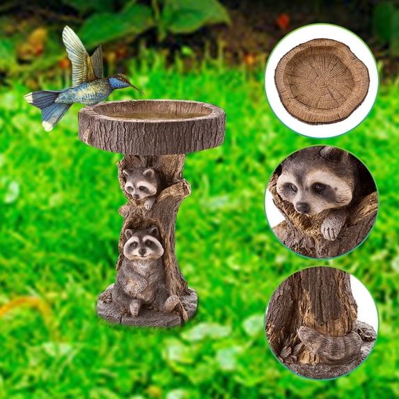Ovzne Bird Bath Brown Pedestal Handmade for Outdoor, Large Weather Resistant Bird Bath Bowl Garden Statue Basin, Bird Feeding Station for Yard (Wooden Raccoon)