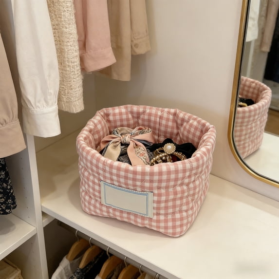 Ovzne Checkered Fabric Storage Basket For Desk Cosmetics Small Item Organization