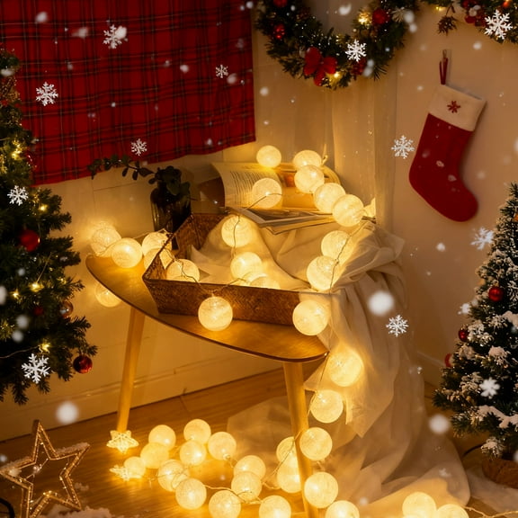 Ovzne Christmas Cotton Ball String Lights – Warm White Battery-Powered Fairy Lights For Holiday