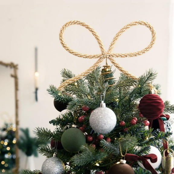 Ovzne Christmas Tree Top Metal Rhinestone Bow Decoration,Gold Festive Party Ambiance Prop For Tree Topper