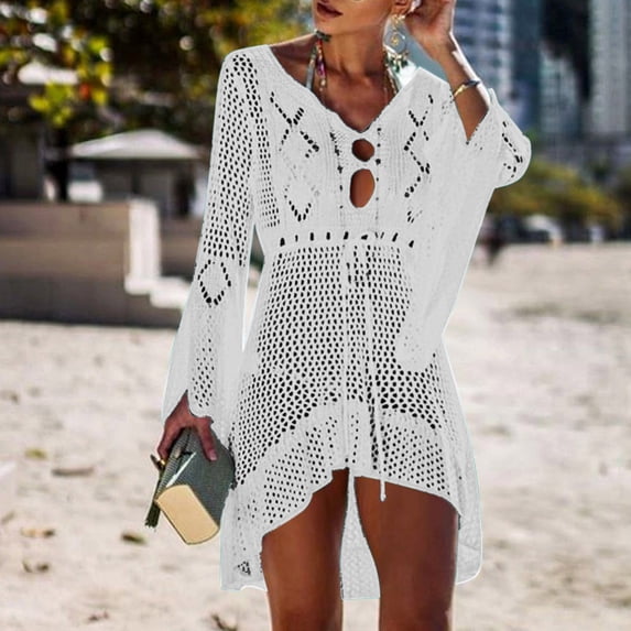 XIAOFFENN Cover Ups For Swimwear Women Women's Summer Swimsuit Bikini Sexy Sun Protection With Flared Sleeves Beach Swimwear Cover Up Knitted Cover Up